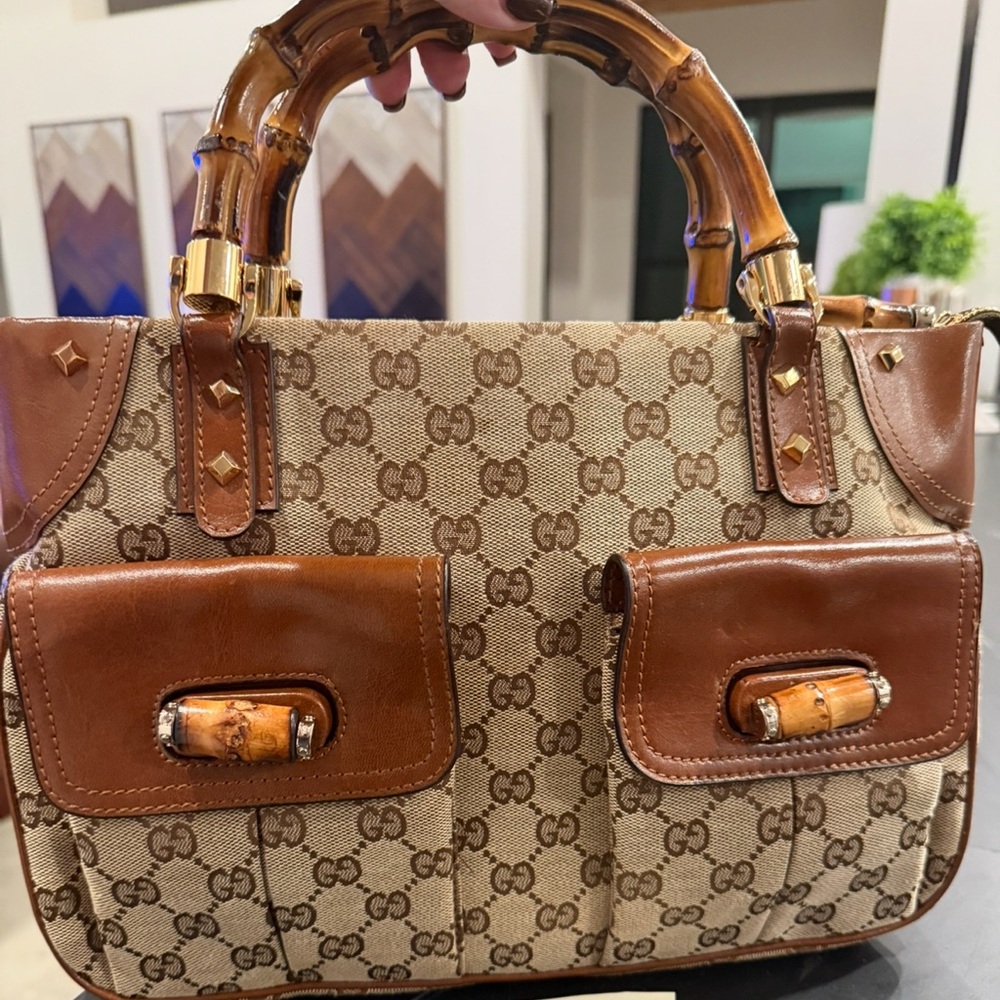 Gucci Beige and Brown Satchel with Bamboo Handles